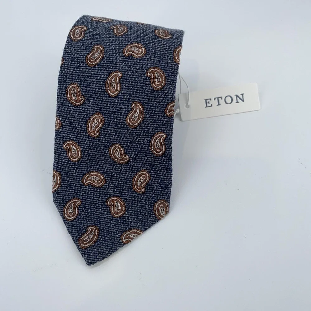 Eton Tie Mens Blue Brown Paisley Silk Wool Made In Italy Classic Necktie